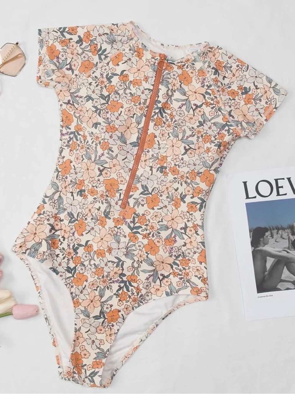 Floral Cupshe Zip-Front Short Sleeve One-Piece Swimsuit - Peach Floral